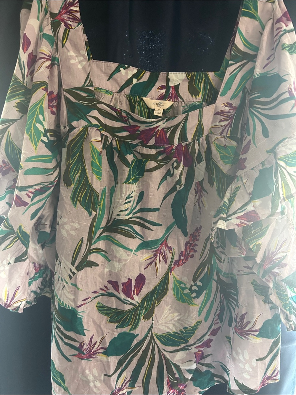 Terra & Sky Botanical Print Peasant Top - Lavender, Green & Purple - all cotton